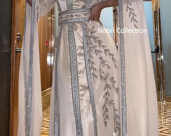 Champagne Moroccan Kaftan Dress, Silver Embroidered Takchita, Islamic Wedding Gown