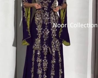 Purple Gold Moroccan Kaftan Dress | Hand Embroidered Evening Gown, Wedding Wear
