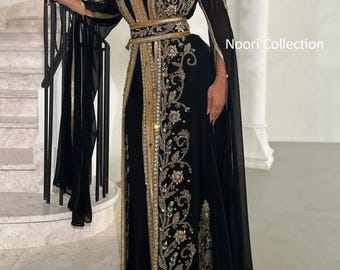 Black & Gold Moroccan Kaftan Takchita | Hand Embroidered Georgette Dress
