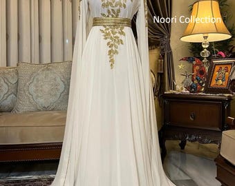 Hand Embroidered Moroccan Kaftan Gown, Gold Arabic Bridal Maxi Dress