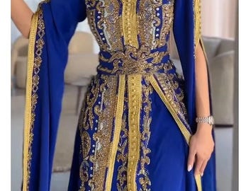 Blue Moroccan Kaftan, Gold Zari Embroidery, Islamic Wedding Abaya
