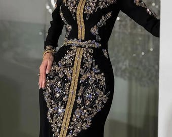 Black Moroccan Kaftan, Gold Hand Embroidery, Takchita Style Abaya, Formal Eid Wedding Dress
