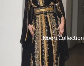 Hand Embroidered Black & Gold Moroccan Kaftan | Luxury Abaya Dress