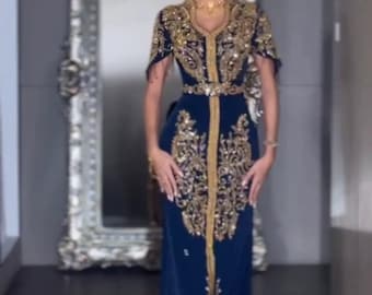 Navy Blue Moroccan Kaftan Gold Embroidery Eid Dress, Luxury Takchita Wedding Gown