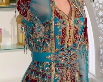 Teal Moroccan Kaftan Wedding Dress | Gold Embroidered Dubai Bridal Abaya