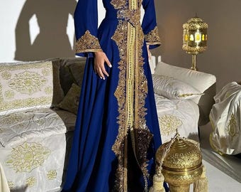 Luxury Blue Moroccan Kaftan: Gold Embroidered Takchita, Modest Bridal Gown