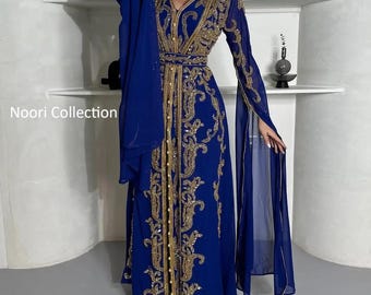Blue & Gold Embroidered Moroccan Kaftan | Georgette Takchita Dress