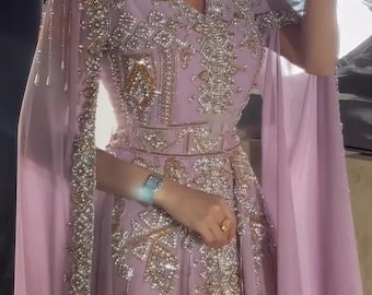 Embroidered Lavender Moroccan Kaftan, Luxury Takchita Evening Gown, Split Cape Sleeves