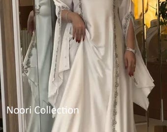White Moroccan Kaftan Dress, Silver Embroidery, Elegant Takchita, Modest Islamic Bridal Caftan