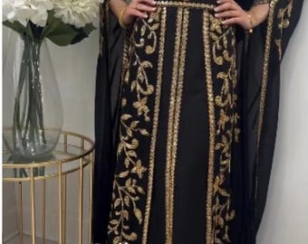 Black Moroccan Kaftan | Gold Hand Embroidery, Arabic Wedding Dress