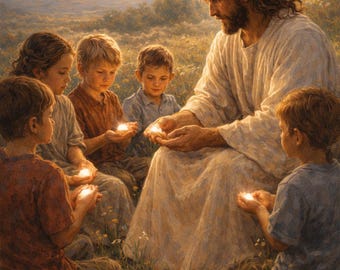 Pintura de Jesucristo con niños - Arte cristiano del Apocalipsis (Descarga digital) Jesús entregando el Urim y Tumim