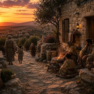 May include: A sunset scene in an ancient village with stone buildings and a cobbled street. People in robes walk along the path. A family sits near a fire. Lanterns and pottery add to the rustic ambiance.