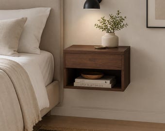 Mesita de noche flotante con cajón / Mesita de noche de madera maciza montada en la pared / Estantería moderna para mesita de noche con almacenamiento abierto - Hecha a mano