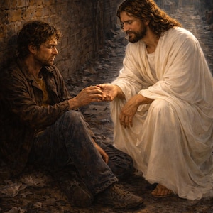 May include: A painting depicts two figures in a dimly lit alley. One figure, in white robes, extends a hand to another, who is seated and dressed in worn clothing. The scene evokes themes of compassion and assistance.