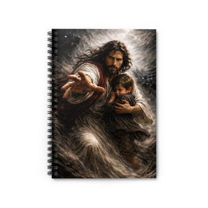 Puede incluir: Cuaderno de espiral con una pintura digital que representa una figura con túnicas blancas y rojas extendiendo la mano hacia un niño. El niño es abrazado, con lobos oscuros en el fondo. La obra de arte tiene una calidad dramática y etérea.