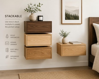 Floating Nightstand | Solid Oak Wall Mounted Bedside Table | Modern Minimalist Shelf with Hidden Drawer | Stackable Nightstands Handmade