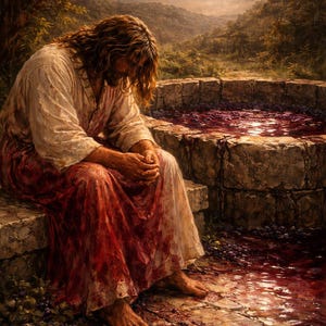 May include: A painting depicts a figure in a white and red robe, seated on stone steps, head bowed. A stone well with a pool of red liquid is nearby. The scene is set outdoors with a tree and a landscape in the background.