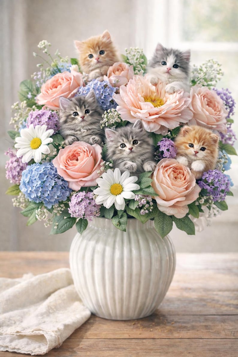 May include: A floral arrangement featuring a white vase overflowing with pastel-colored roses, daisies, and hydrangeas. Several fluffy kittens peek out from the flowers, adding a whimsical touch to the bouquet. The vase sits on a wooden surface.