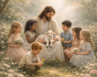 Lámina decorativa con la imagen de Jesús enseñando a los niños / Decoración infantil con temática religiosa (Descarga digital)