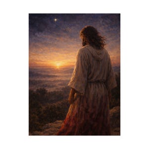 May include: An artistic print depicts a figure in a flowing robe, facing a sunset over a mountainous landscape. The sky transitions from dark blue to orange, with a single bright star visible. The figure's back is turned, emphasizing the serene view.