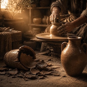 May include: A pottery studio scene with a potter at work on a wheel. A finished brown clay vase with handles stands near a broken pot and shards. Other pottery pieces are visible on shelves and tables.