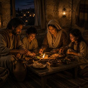 May include: A family of four seated around a wooden table, lit by candlelight and oil lamps. They are eating a meal, with various dishes and a water jug visible. The scene is set in a stone-walled room with a window overlooking a distant town.