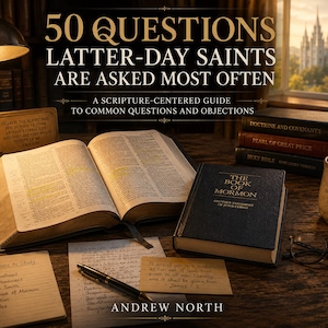 May include: A book cover with the title "50 Questions Latter-day Saints Are Asked Most Often" sits on a wooden desk, alongside open books, a pen, and other religious texts. The image has a warm, inviting tone.