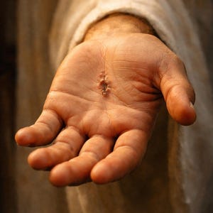 May include: Close-up of a light-skinned hand with a visible wound in the palm. The hand is open, with fingers slightly curved. The background is a blurred, neutral tone, suggesting a draped fabric.