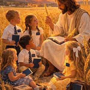 Op de afbeelding: Een schilderij toont een groep kinderen en een man in een tarweveld bij zonsondergang. De man, in witte gewaden, houdt tarwe vast. Kinderen in witte overhemden en jurken houden boeken vast. Op de achtergrond is een bergketen te zien.