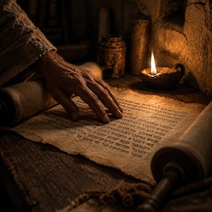 May include: A hand rests on an open scroll with Hebrew text, illuminated by candlelight. The aged parchment lies on a wooden surface, with rolled scrolls and a small oil lamp visible. The scene evokes a sense of history and study.