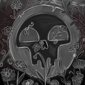 May include: Black and white illustration of a skull surrounded by flowers and foliage. The image has a hand-drawn style with the text "BASIC LAND - SWAMP" at the bottom. The skull is the central focus, with floral elements growing around it.