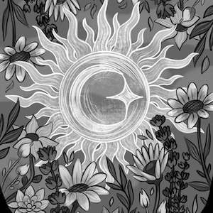 May include: Black and white illustration of a sun with radiating beams, surrounded by flowers and foliage. The text "BASIC LAND - PLAINS" is at the bottom of the image. The artwork has a hand-drawn style.