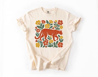 Cougar Botanical Woodcut Shirt, Vintage Style Mountain Lion Nature Tee, Folk Art Forest Graphic Shirt, Retro Wildlife Gift