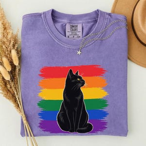 May include: A lilac Comfort Colors t-shirt with a black cat design set against a rainbow backdrop. The shirt has a crew neck and short sleeves. A silver necklace with a star pendant is draped on the shirt.