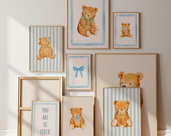 Watercolor Teddy Bear Nursery Set of 9: Blue Woodland Animal Prints (Digital Download)