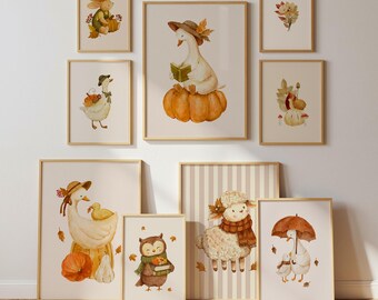 Autumn Nursery Wall Art Set of 9: Watercolor Fall Gallery Animal Prints, Farmhouse Kids Room Decor (Digital Download)