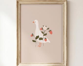 Nursery Goose Printable Wall Art: Duck & Strawberry Kids Room Decor (Digital Download)