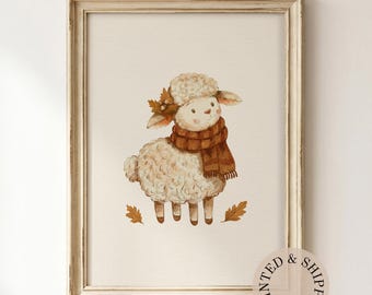 Autumn Lamb Illustration Unframed Matte Vertical Poster, Sheep Nursery Wall Art
