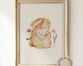 Mother and Baby Bunny Hug Unframed Matte Vertical Poster, Nursery Wall Art, Watercolor Rabbits