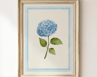 Hydrangea Wall Art, Blue Watercolor Nursery Flower Print, Botanical Kids Room Decor, Vintage Floral Artwork (Digital Download)