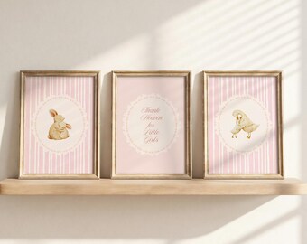 Baby Girl Nursery Wall Art: Bunny, Goose & Quote Set of 3 Prints, Farmhouse Kids Room Decor (Digital Download)