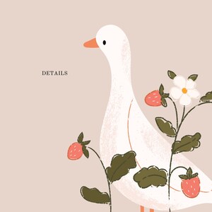May include: A digital illustration on a light beige background featuring a white goose with an orange beak and eye. The word DETAILS is printed in black. The goose is surrounded by strawberry plants with red strawberries, dark green leaves, and a white flower.