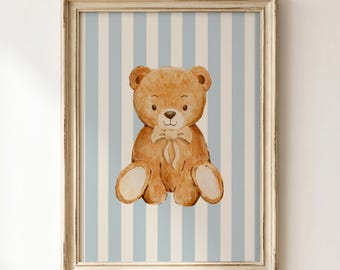 Teddy Bear Nursery Wall Art: Blue Stripe Baby Boy Nursery Decor, Printable Kids Room Print