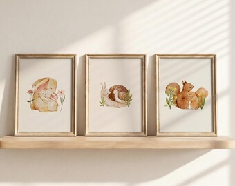 Woodland Nursery Wall Art Set of 3: Watercolor Bunny, Snail & Squirrel Prints, Printable Baby Room Decor