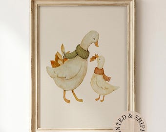 Watercolor Duck Family Poster: Nostalgic Autumn Nursery Art (Matte Print)