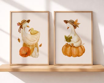 Autumn Goose Wall Art Set of 2: Mother & Baby Duck Prints, Watercolor Nursery Decor, Pumpkin Animal Artwork (Digital Download)