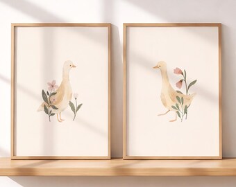 Watercolor Duck Nursery Prints: Farm Animals, Floral Accents (Digital Download)