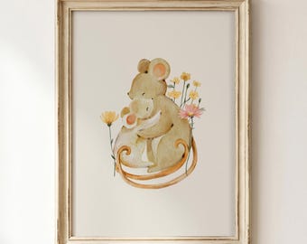 Watercolor Mouse Nursery Art: Mother and Baby Mouse Print, Woodland Animal Wall Printable Decor (Digital Download)