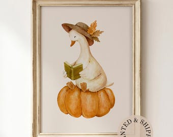 Autumn Reading Goose Unframed Matte Vertical Poster, Pumpkin Nursery Wall Art