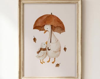 Autumn Goose Family Nursery Art: Mother & Baby Duck Print, Fall  Kids Room Decor (Digital Download)